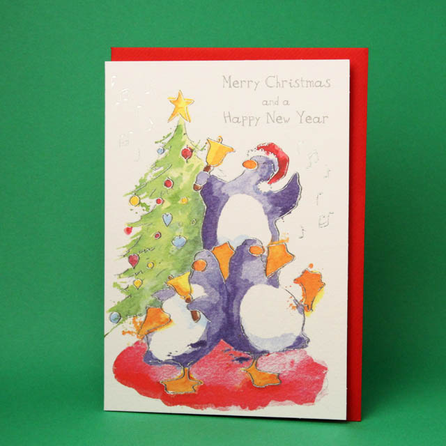 クリスマスカード,ツリーと聖夜のペンギンたち,音楽雑貨,音楽グッズ