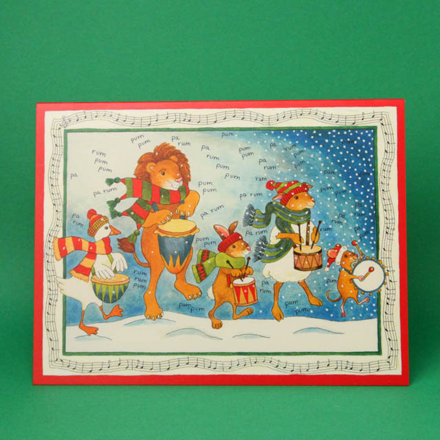 クリスマスカード,ツリーとドラムマーチをする動物たち,音楽雑貨,音楽グッズ