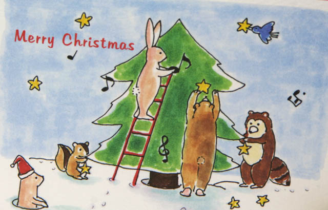 音楽雑貨　クリスマスカード　森の動物たちとツリー　音符