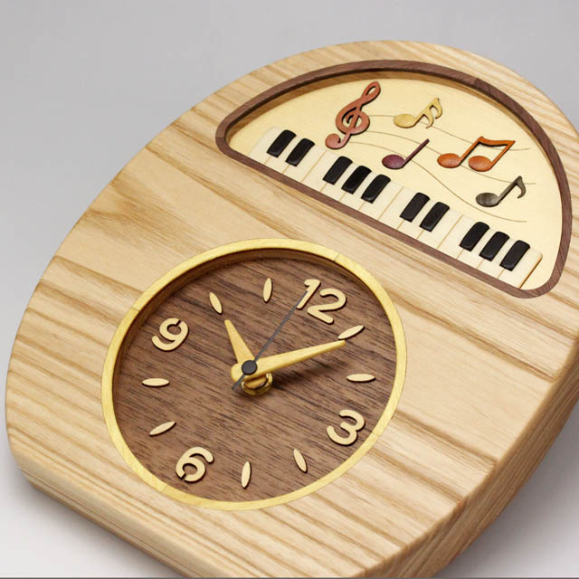 寄木象嵌 音楽 鍵盤 時計 置・掛兼用 音楽雑貨