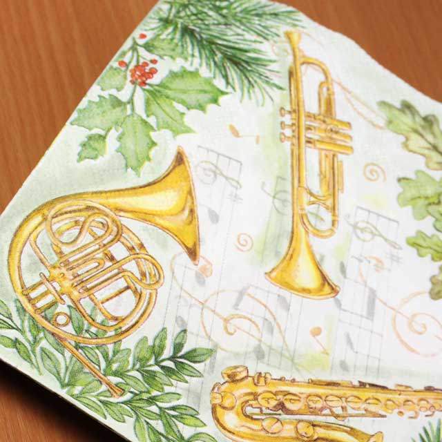 緑の葉っぱとホルン ペーパーナプキン 音楽雑貨 音楽グッズ