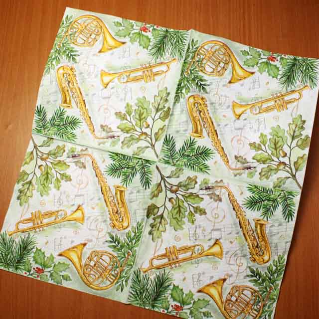 緑の葉っぱとホルン ペーパーナプキン 音楽雑貨 音楽グッズ