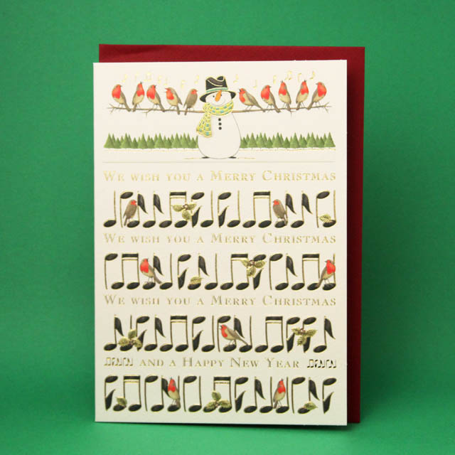 クリスマスカード,ツリーとスノーマンと鳥と音符,音楽雑貨,音楽グッズ