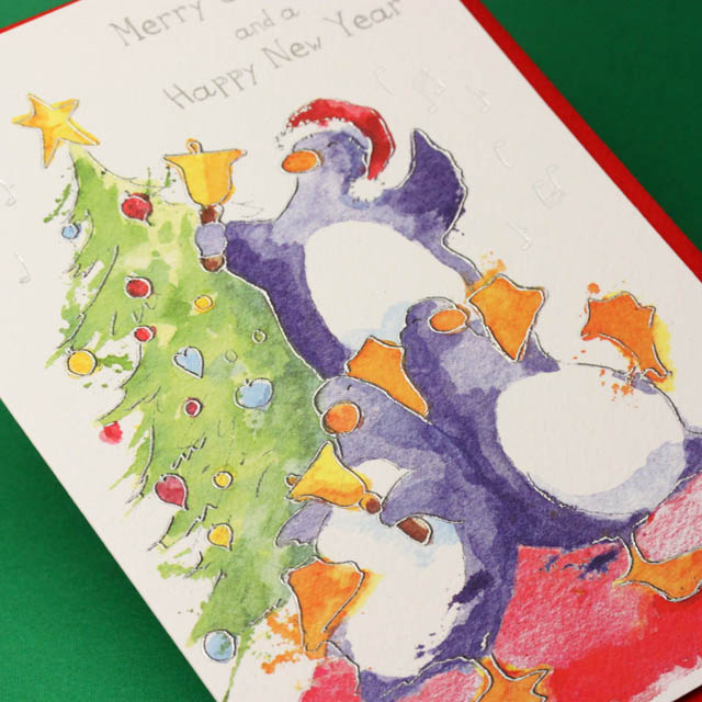 クリスマスカード,ツリーと聖夜のペンギンたち,音楽雑貨,音楽グッズ