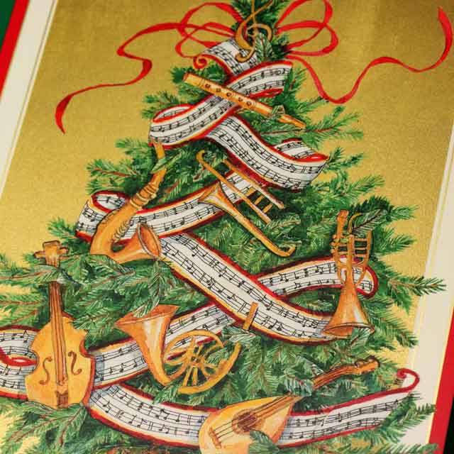 クリスマスカード,ツリーとクリスマスツリーと楽器たち,音楽雑貨,音楽グッズ