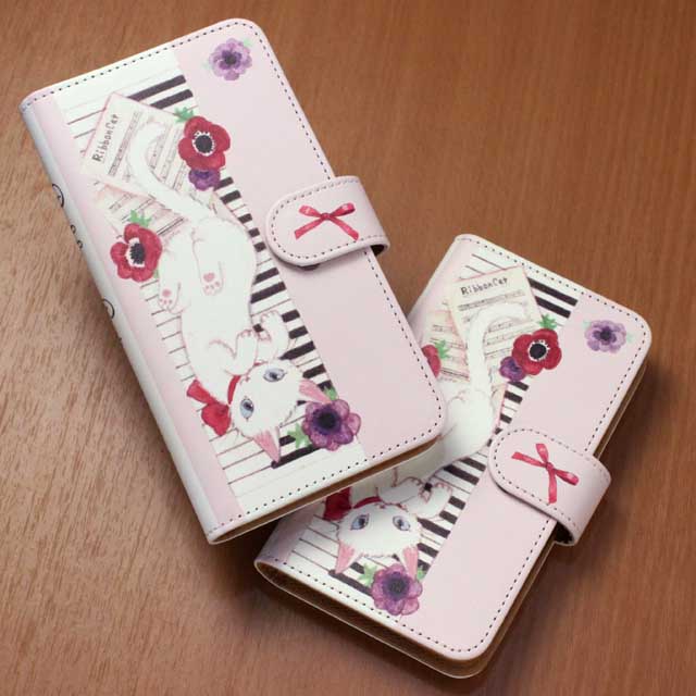 手帳型スマホケース ピアノ鍵盤 リボンキャット 音楽グッズ 音楽雑貨