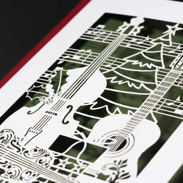 クリスマスカード 切り絵 コントラバス ヴァイオリン ギター 音楽雑貨 音楽グッズ