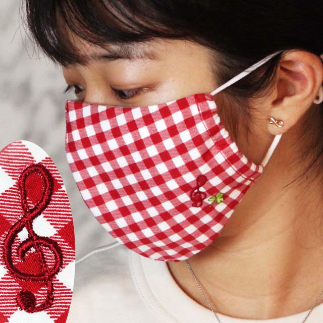 ギンガムチェック 音楽刺繍マスク ト音記号 音楽雑貨 音楽グッズ