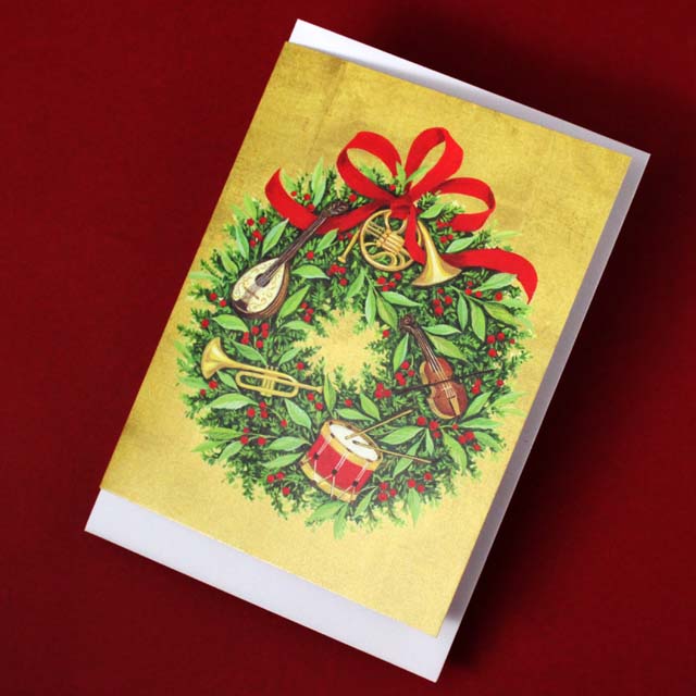 クリスマスカード リース マンドリン ヴァイオリン ドラム ホルン トランペット 音楽雑貨